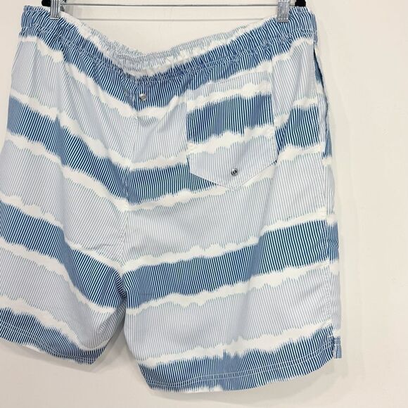 Land's End White Blue Squiggle Stripe Mesh Lined Drawstring Waist Swim Trunks - Picture 9 of 12